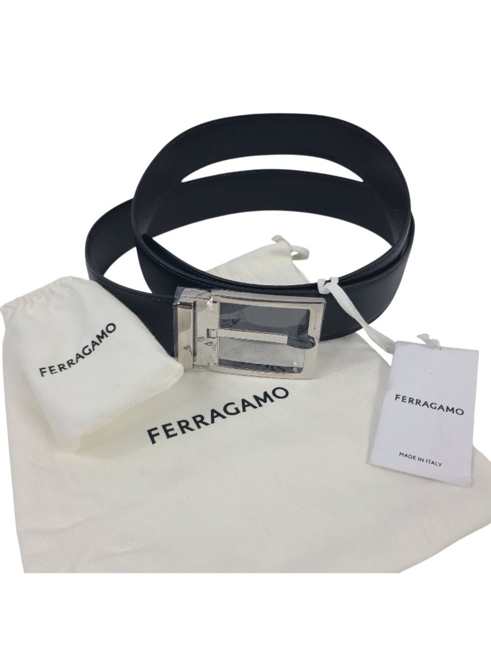 NEW Salvatore Ferragamo Black Leather Reversible Belt Silver Buckle Size 100